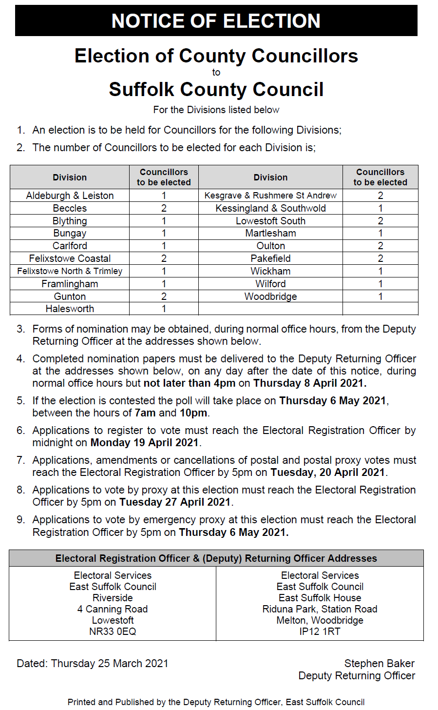 Notice of Election - Suffolk County Councillors